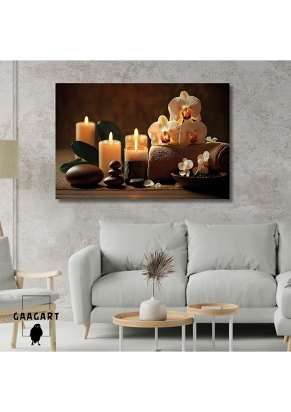 Tekli Yatay Kanvas Duvar Tablosu Spa Orkide ve Mum