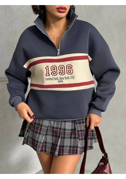 Kadın Fermuarlı Dik Yaka 1996 Retro 3 Iplik Şardonlu Sweatshirt