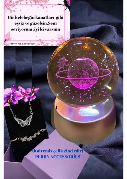 3D Satürn Kız Renk Değiştiren Küre ve Çelik Kelebek Kolye ve Bileklik Seti Sevgili Günü Yıldönümü