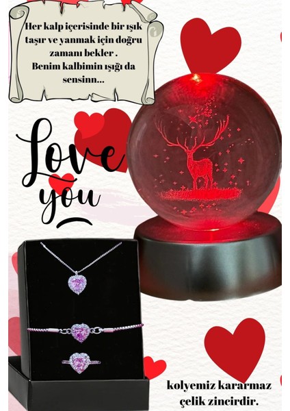 3D Renk Değiştiren Geyik Kar Küresive Kararmaz Çelik Pembe Kalp Kolye Bileklik ve Yüzük Seti