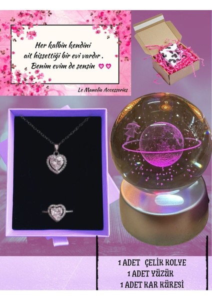 Beyaz Zirkon Taş Çelik Kalp Kolye Yüzük Seti ve Renk Değiştiren 3D Satürn Kız Kar Küresi