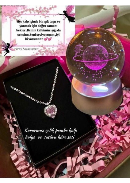 Kararmaz Çelik Pembe Kalp Kolye ve 3D Satürn Kız Kar Küresi Hediye Seti (Süslenerek Gönderilmekte)