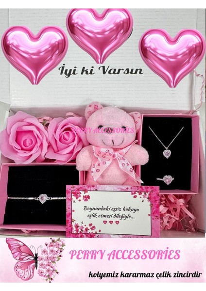 Kararmaz Çelik Pembe Kalp Kolye Bileklik Yüzük Seti ,ayıcık ve Kokulu Gül Sevgiliye Hediye Seti