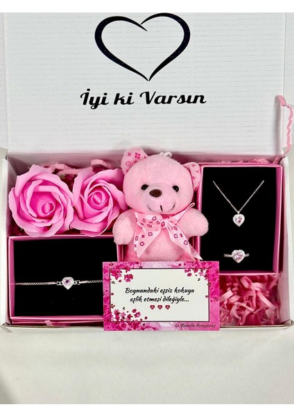 Kararmaz Çelik Pembe Kalp Kolye Bileklik Yüzük Seti ,ayıcık ve Kokulu Gül Sevgiliye Hediye Seti fiyatları
