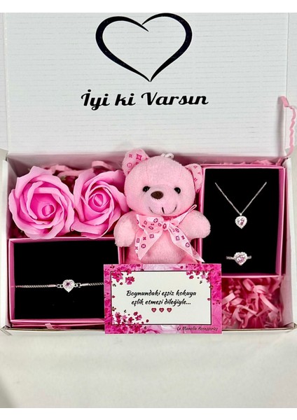 Kararmaz Çelik Pembe Kalp Kolye Bileklik Yüzük Seti ,ayıcık ve Kokulu Gül Sevgiliye Hediye Seti fırsatları