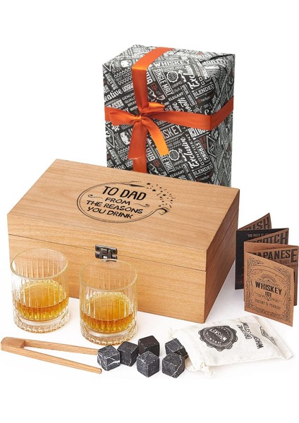 Babaya Hediye Ahşap Kutulu 2'li Glasgow Viski Kadeh Seti + 6 Soğutucu Taş