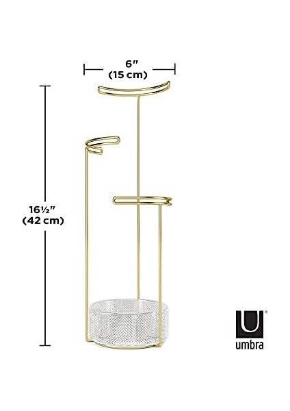 Tesora Takı Ağacı , Yüksek Takı Standı, Zincirler Için Entegre Takı Raflı, Yüzükler, Küpeler, Bileklikler, Saatler ve Aksesuarlar Için, 3 Kademeli, Metal/cam, Altın Rengi, Tek Boy fiyatları