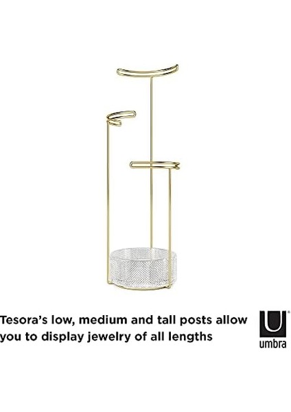 Tesora Takı Ağacı , Yüksek Takı Standı, Zincirler Için Entegre Takı Raflı, Yüzükler, Küpeler, Bileklikler, Saatler ve Aksesuarlar Için, 3 Kademeli, Metal/cam, Altın Rengi, Tek Boy modelleri