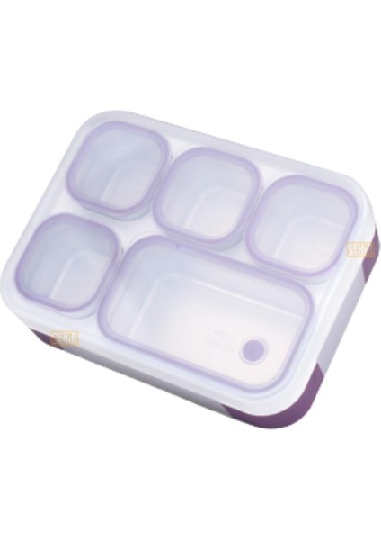 Bento 1000ML Lunchbox Tek Katlı 5 Bölmeli Çelik Sefer Tası Yemek Kutusu (Mor)