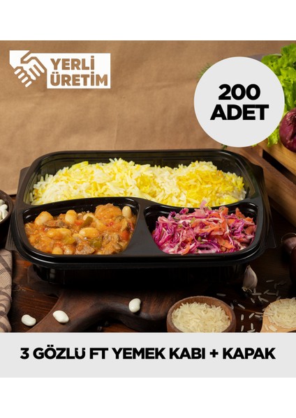 Termoform 3 Gözlü Yemek Kabı + Kapak - 200 Adet (Mikro Dalga'da Kullanılabilir)