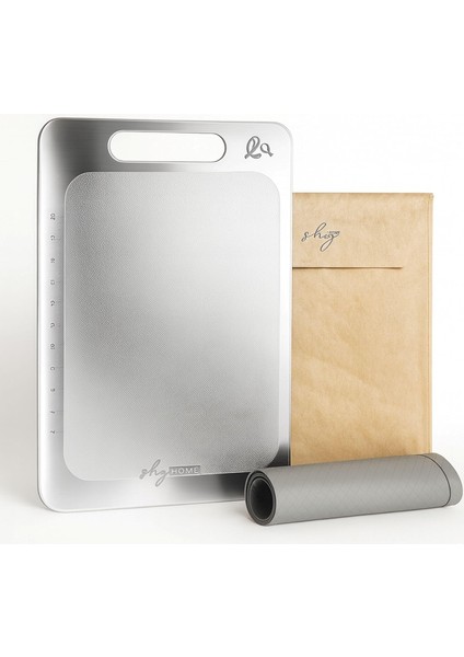 Home Özel Tasarımlı 304 Paslanmaz Çelik Kesme Tahtası 3lü Set (Saklama Kılıfı, Kesme Tahtası ve Silikon Kaydırmaz Mat)1,5 mm Kalınlık, 23 x 34 cm Yıkanabilir, Gıda Temasına Uygun, Hijyenik