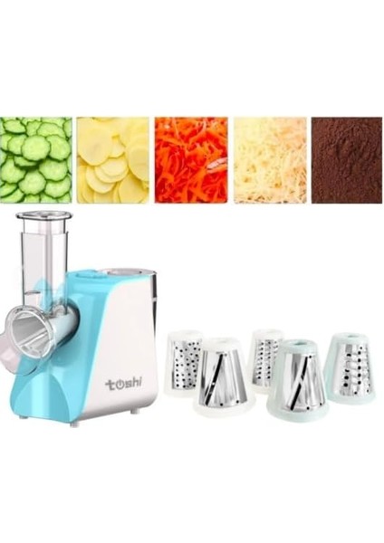 Çok Fonksiyonlu Rende, 5 Değiştirilebilir Bıçak, Elektrikli Mutfak Doğrayıcı, Mavi-Beyaz
