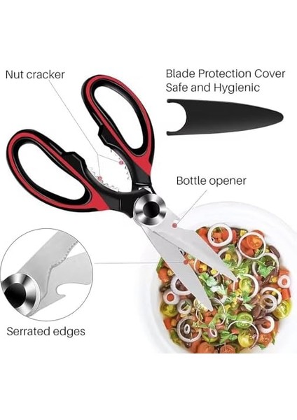 Keskin Mutfak Makası, Çok Amaçlı Paslanmaz Çelik Makas, Tavuk, Balık, Et, Sebzeler, Otlar, Barbekü, Çiçekler, Kuruyemişler Için Mutfak Makası Ağır Hizmet Tipi Çelik Makas (Siyah-Kırmızı) fiyatları