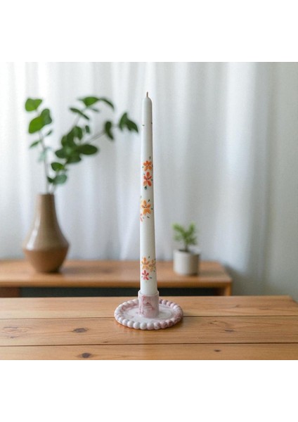 El Boyaması Çiçek Desenli Şamdan Mum ve Mumluk Seti