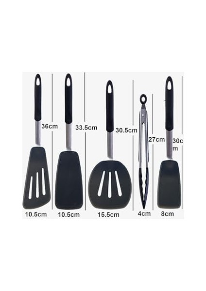 Donatella Isıya Dayanıklı Yanmaz Yapışmaz Silikon, Paslanmaz Çelik Spatula Set 5 Prça Siyah modelleri