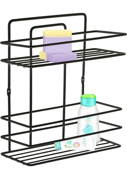 Banyo Ömür Boyu Paslanmaz Yapışkanlı Siyah 2 Katlı Düz Şampuanlık Tş02, Delmeye Son, Ister Yapıştır Ister Montajla