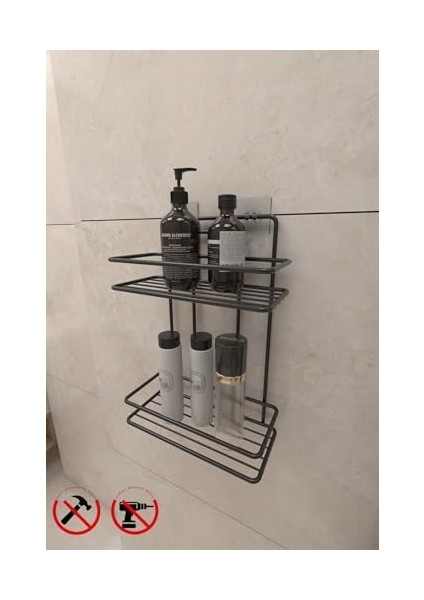 Banyo Ömür Boyu Paslanmaz Yapışkanlı Siyah 2 Katlı Düz Şampuanlık Tş02, Delmeye Son, Ister Yapıştır Ister Montajla modelleri