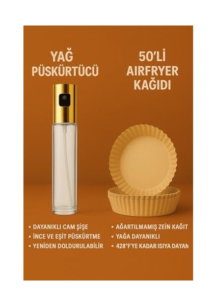 Store Airfryer Kullanıcıları Için Set - Yağ Püskürtücü Şişe + 50'li Pişirme Kağıdı - Sağlıklı Pişirme Için Uygun fiyatları