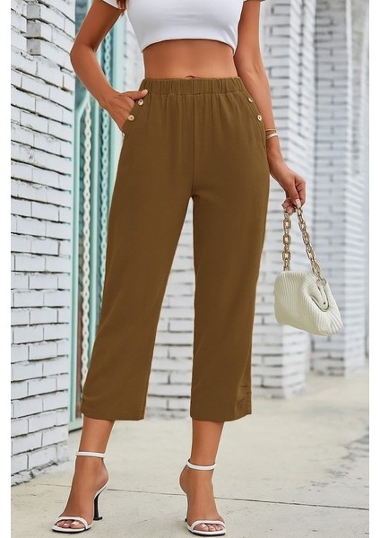 Kadın Beli Lastikli Düğme ve Cep Detaylı Kapri Ithal Keten Pantolon