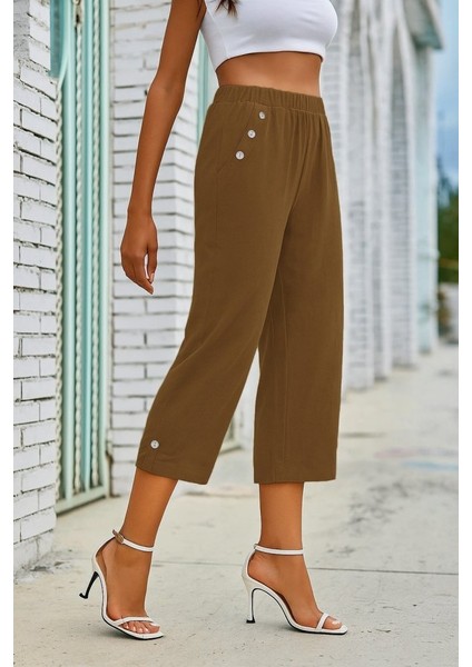 Kadın Beli Lastikli Düğme ve Cep Detaylı Kapri Ithal Keten Pantolon