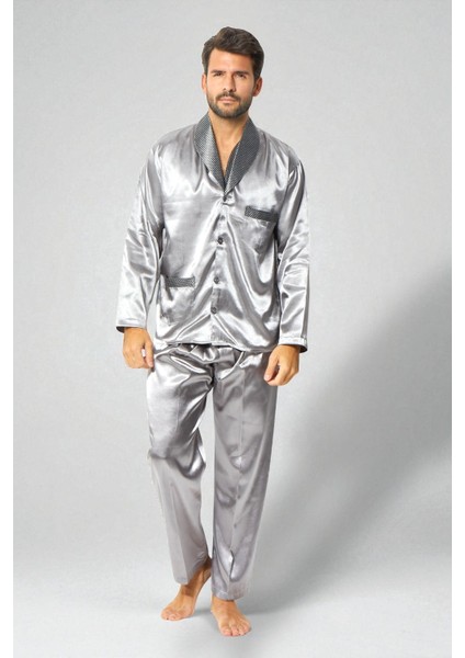 Saten Erkek Pijama Takımı Çeyizlik Damat Seti 2 Parça Alt Üst Uzun Kol Pijama