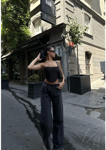 Arkadan Yırtmaçlı Jeans Kot Palazzo Pantolon - Siyah modelleri