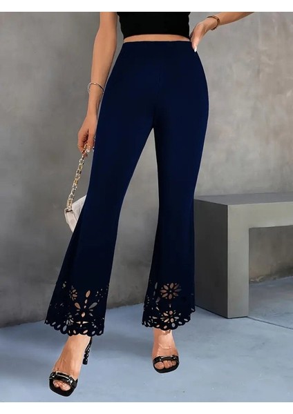 Kadın Yüksek Bel Paçaya Doğru Genişleyen Lazer Çiçek Kesim Detaylı Ithal Krep Pantolon indirimleri