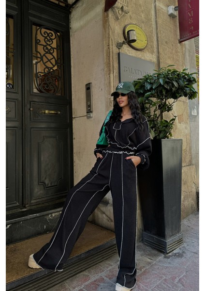 Biyeli Bluz Pantolon Takım Şönil Kumaş - Siyah