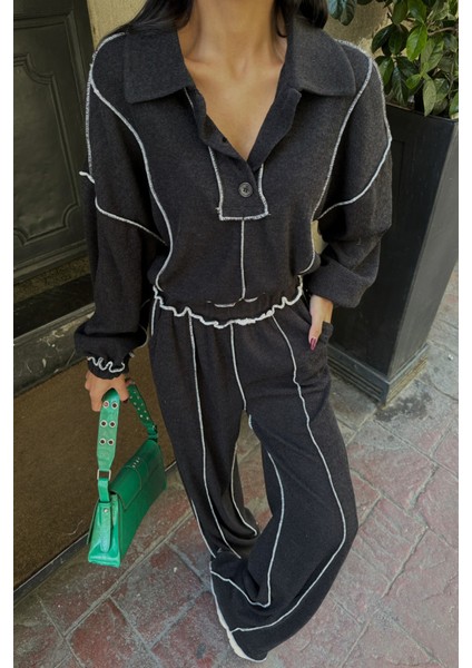 Biyeli Bluz Pantolon Takım Şönil Kumaş - Siyah fiyatları