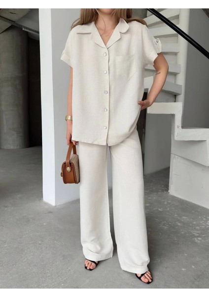 Keten Kısa Kollu Cepli Gömlek Pantolon Ikili Takım - Beyaz fırsatları