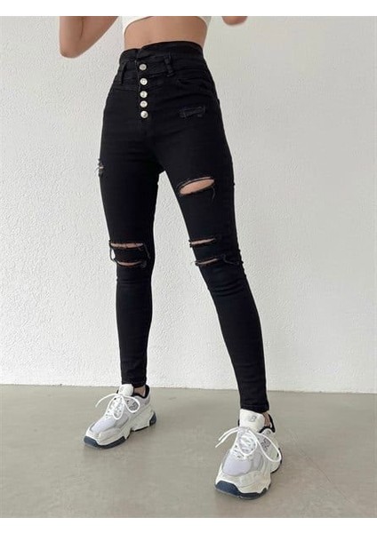 Kadın 5 Düğmeli V Detay Bel Yırtık Kot Pantolon indirimleri