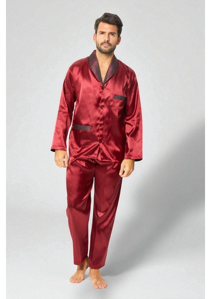Saten Erkek Pijama Takımı Çeyizlik Damat Seti 2 Parça Alt Üst Uzun Kol Pijama