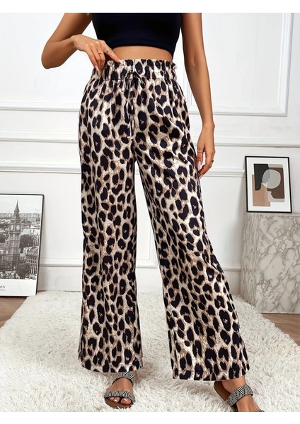Kadın Yüksek Bel Beli Lastikli Bağcıklı Leopar Desenli Süprem Pantolon