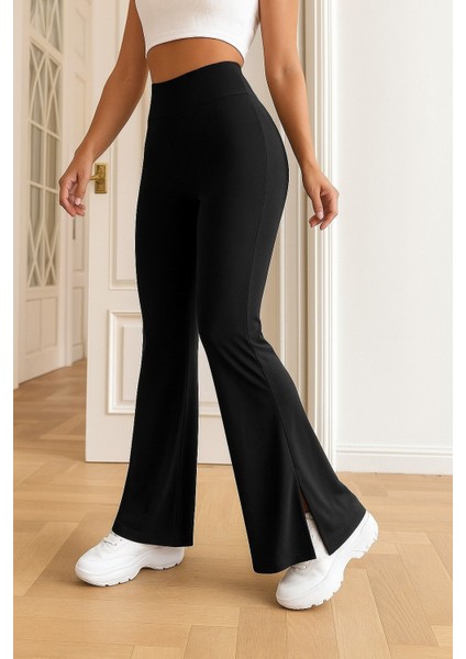 Kadın Yüksek Bel Paçaya Doğru Genişleyen Yandan Yırtmaçlı Dalgıç Pantolon