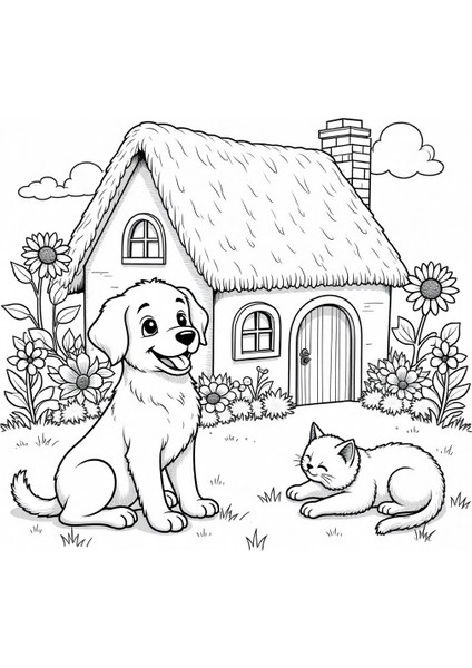 Çocuklar Için Bahçeli Ev Temalı Sevimli Köpek ve Kedi Baskılı Tuval Boyama Seti fiyatları