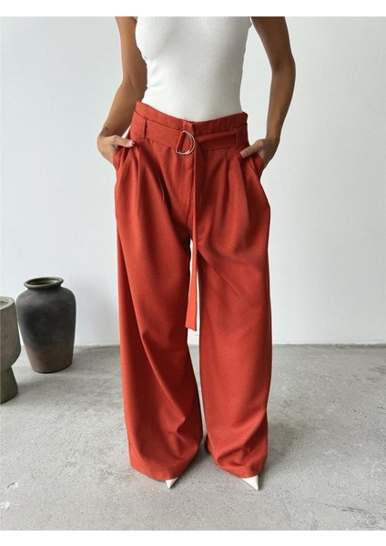 Palazzo Pantolon Kumaş Kemer Detaylı - Kiremit modelleri