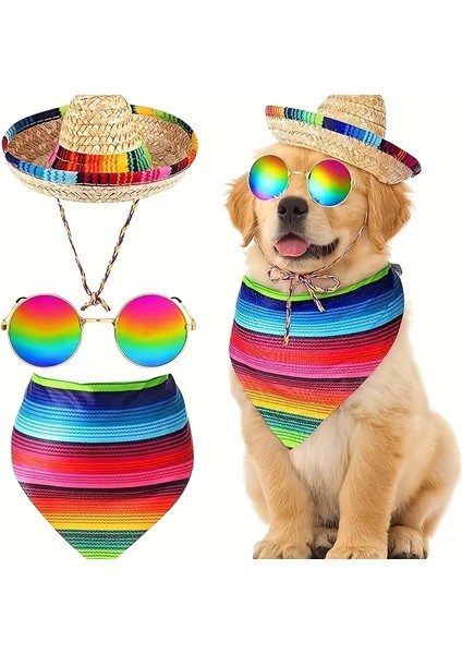 Kedi ve Köpek Için Cinco De Mayo Yazlık Meksika Kostüm Seti (Şapka, Gözlük ve Fular)