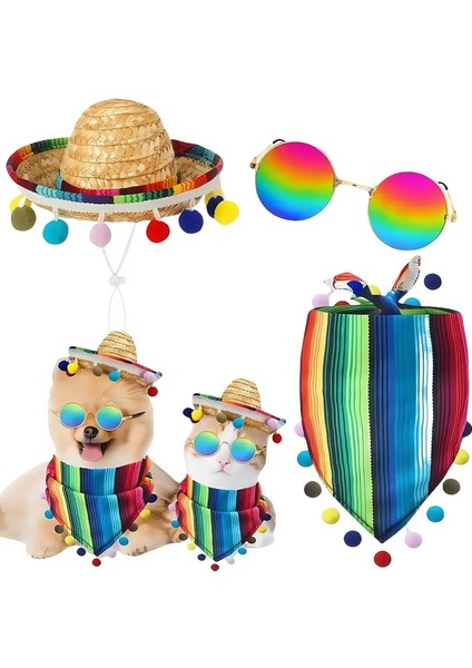 Kedi ve Köpek Için Cinco De Mayo Yazlık Meksika Kostüm Seti (Şapka, Gözlük ve Fular) indirimleri