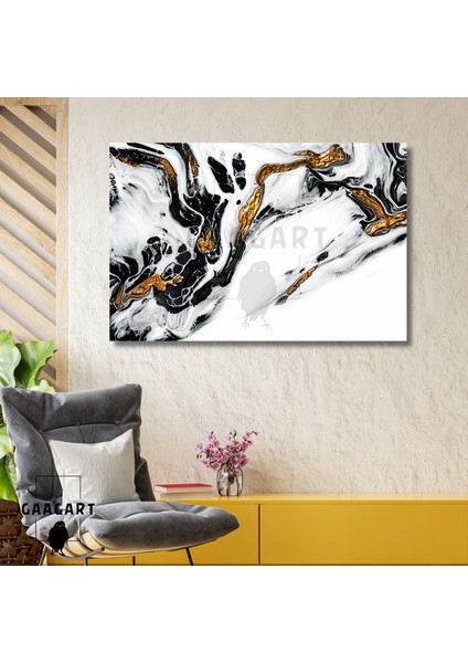 Tekli Yatay Kanvas Duvar Tablosu Siyah Gold Beyaz Mermer Deseni
