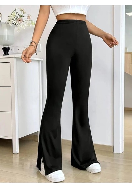 Kadın Yüksek Bel Paçaya Doğru Genişleyen Yandan Yırtmaçlı Dalgıç Pantolon modelleri