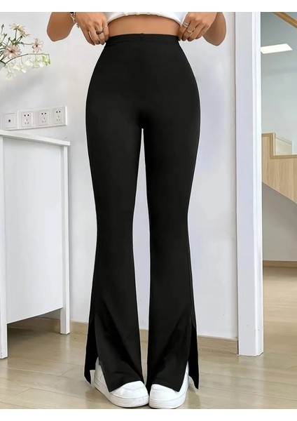 Kadın Yüksek Bel Paçaya Doğru Genişleyen Yandan Yırtmaçlı Dalgıç Pantolon indirimleri