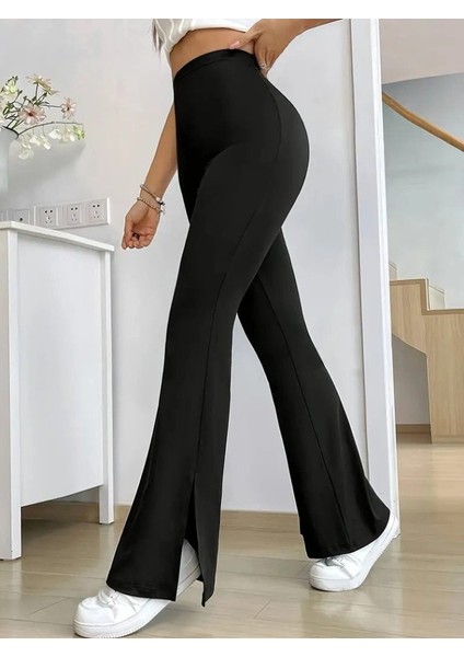 Kadın Yüksek Bel Paçaya Doğru Genişleyen Yandan Yırtmaçlı Dalgıç Pantolon