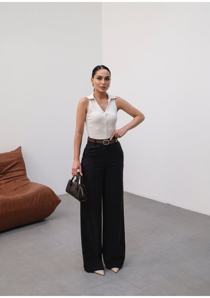 Keten Kemerli̇ ve Dökümlü Palazzo Pantolon (Kemer Dahi̇l)