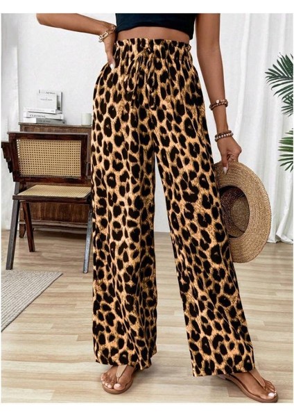 Kadın Süprem Kumaş Beli Lastikli Leopar Desen Pantolon fırsatları