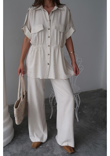 Keten Belden Büzgü Detaylı Gömlek - Pantolon Takım - Taş fiyatları