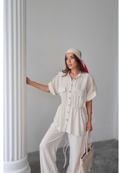 Keten Belden Büzgü Detaylı Gömlek - Pantolon Takım - Taş modelleri