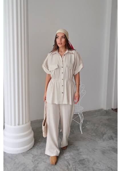 Keten Belden Büzgü Detaylı Gömlek - Pantolon Takım - Taş fırsatları