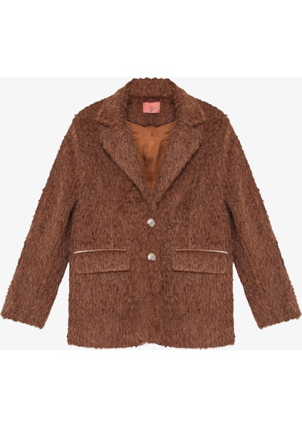 Tüylü Dokulu Oversize Blazer Ceket Kahverengi