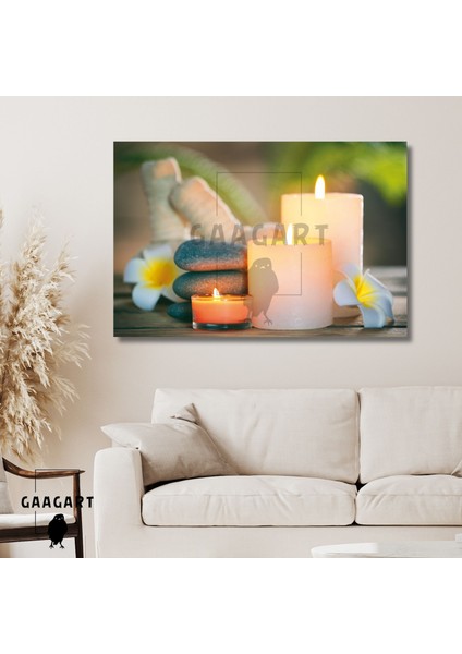 Tekli Yatay Kanvas Duvar Tablosu Sarı Çiçek ve Mum Spa Merkezi