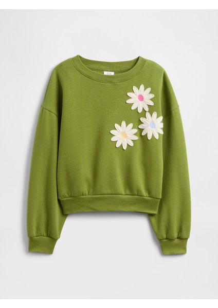 Kız Çocuk Yeşil Oversized Grafik Sweatshirt